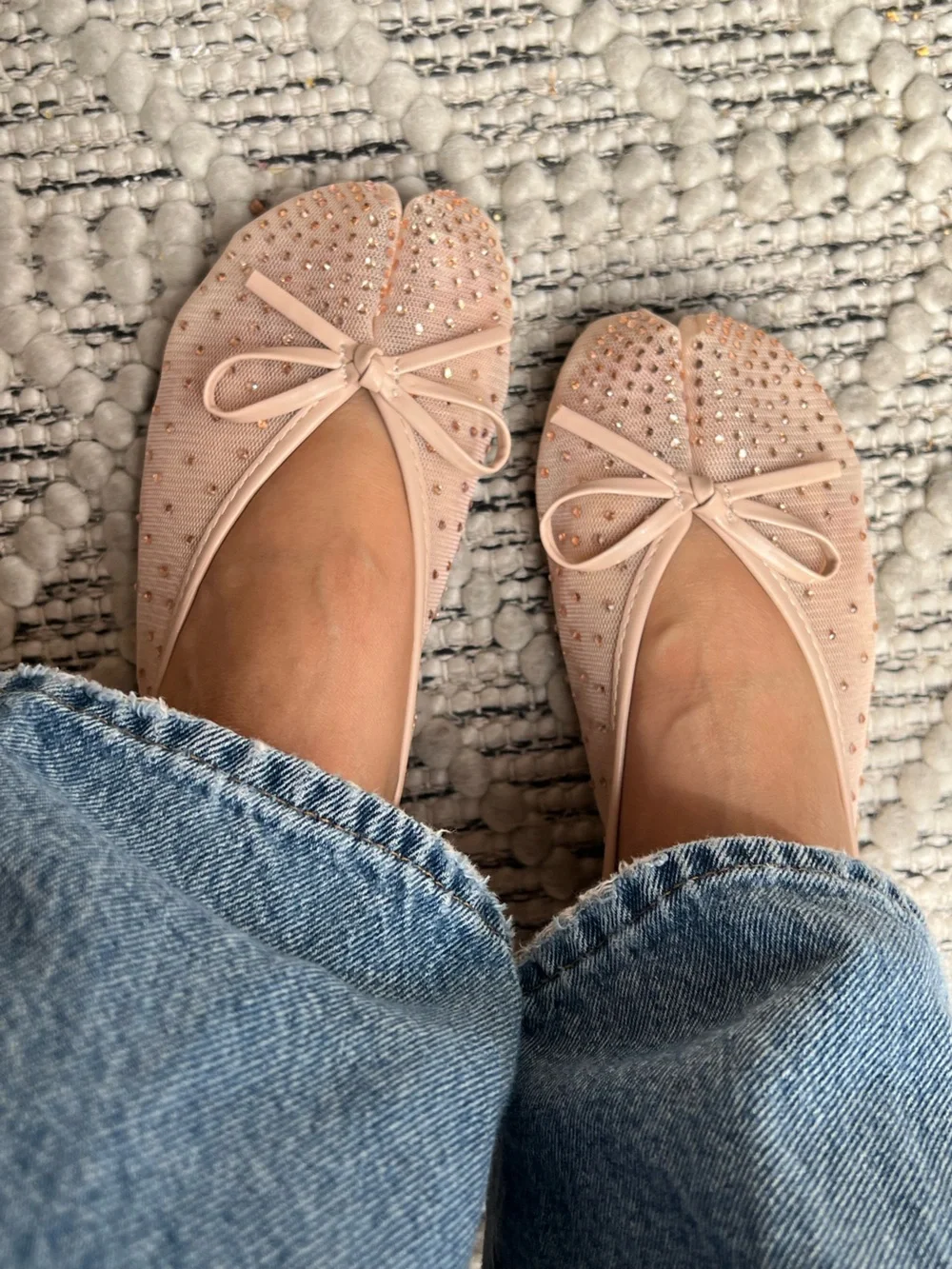 Nude Mesh Tabi Bow with Rhinestone Accents Split Toe Tabis Flat
